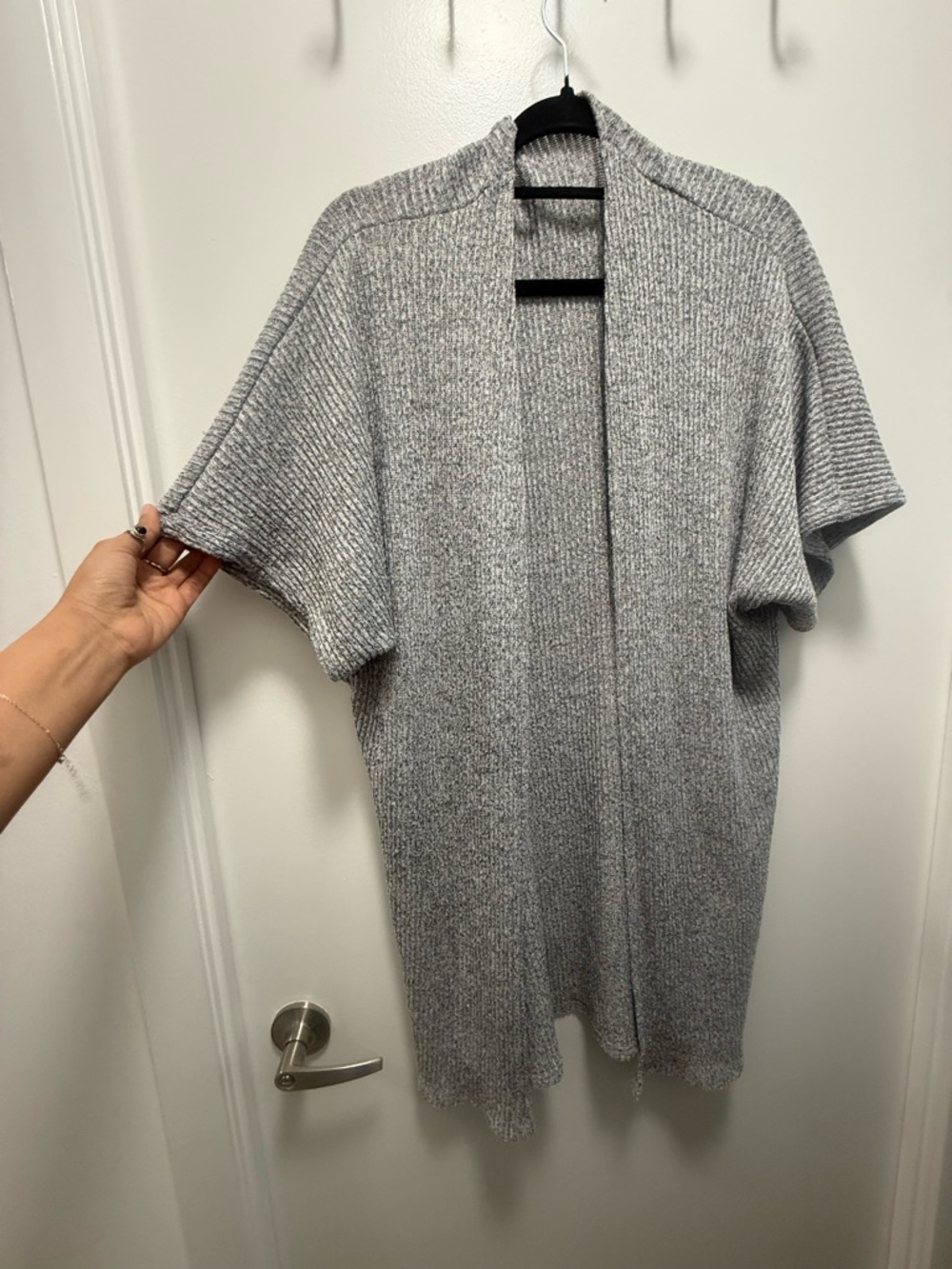 Stretchy Grey Marl Ribbed Knit Open Front Oversized Batwing Sleeve Long Cardigan